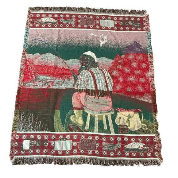 American Weavers Santa Claus Fishing Throw Blanket Tapestry Rustic Outdoor Cabin - Picture 4 of 5
